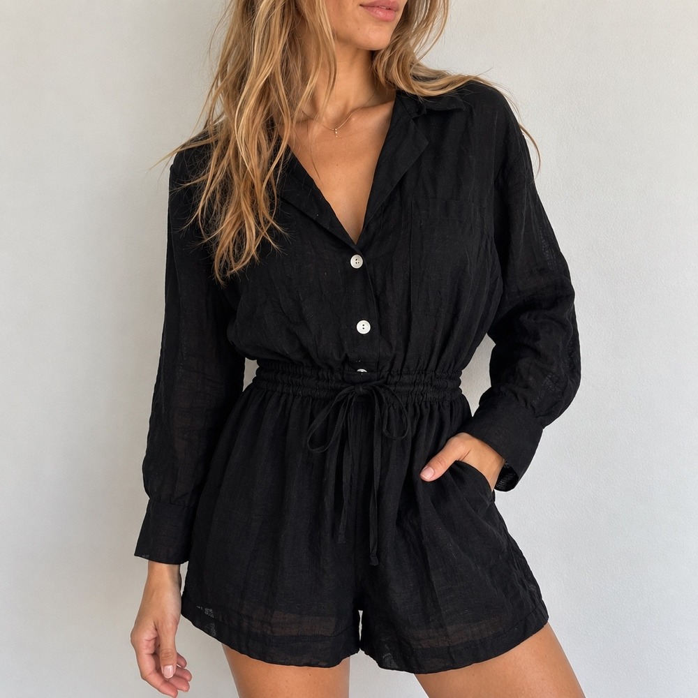 Vitamin A Black Getaway Romper EcoLinen Button Front Size S Coastal Minimalist